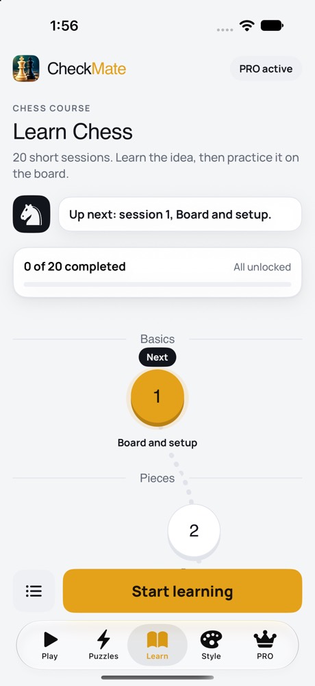 Lesson path grouped by topic, from basics to endgame