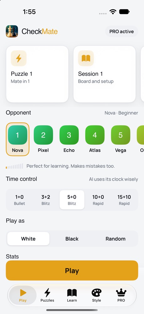 Play home with shortcuts to the next puzzle and lesson, the opponent row and a Play button