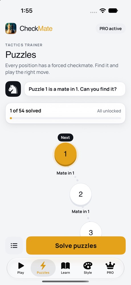 Puzzles screen with a winding path of numbered puzzles and the next one highlighted